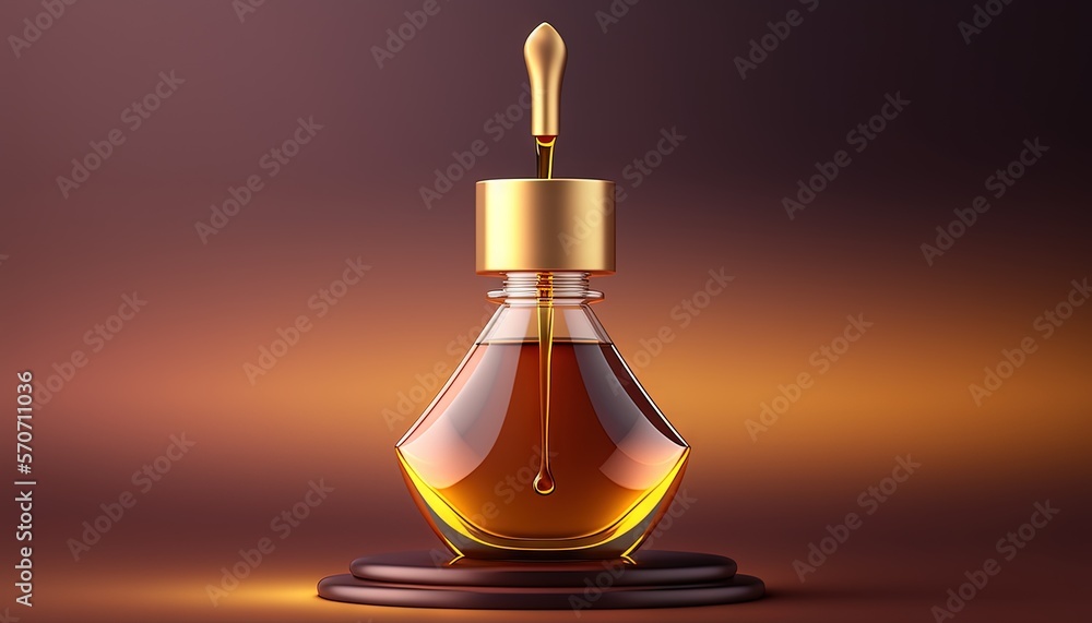  a bottle of perfume with a gold cap on a stand on a brown background with a shadow of the bottle an