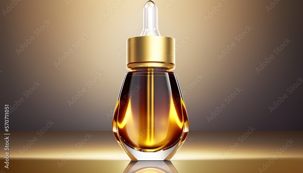  a bottle of oil with a dropper on a shiny surface with a reflection on the floor and a gold cap on 