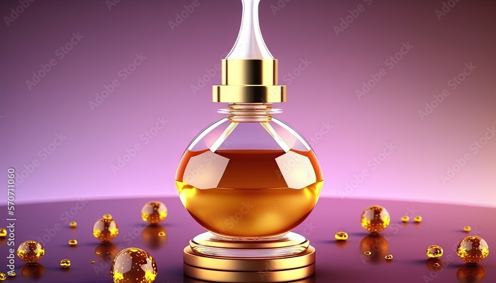  a glass bottle with a liquid inside of it sitting on a purple surface with gold drops around it and