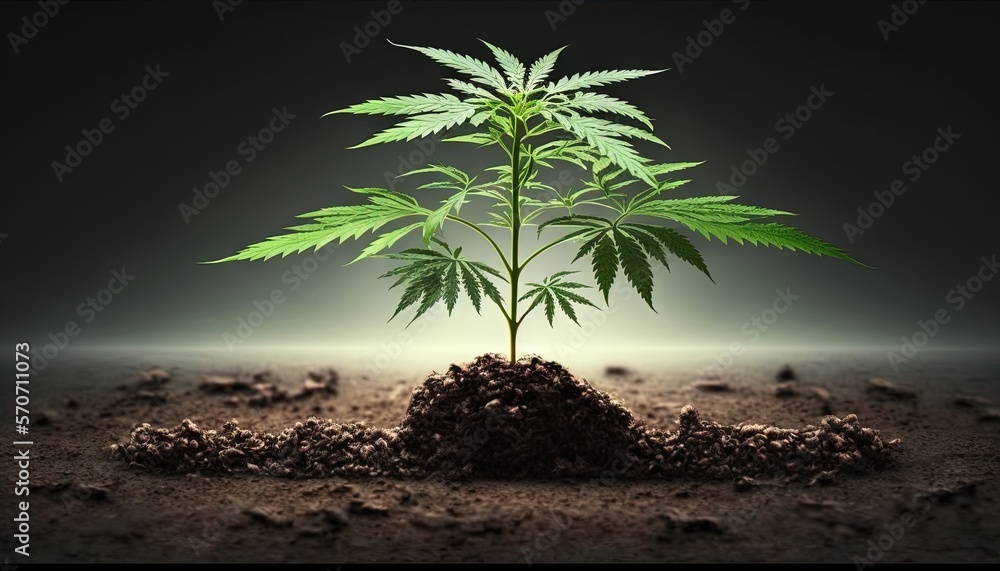  a small green plant growing out of a pile of dirt on a dark background with a light coming through 