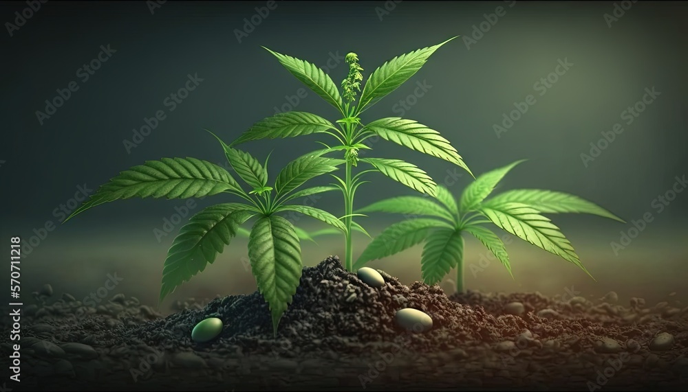  a plant growing out of a pile of dirt with a green leaf on top of the plant and a few other plants 