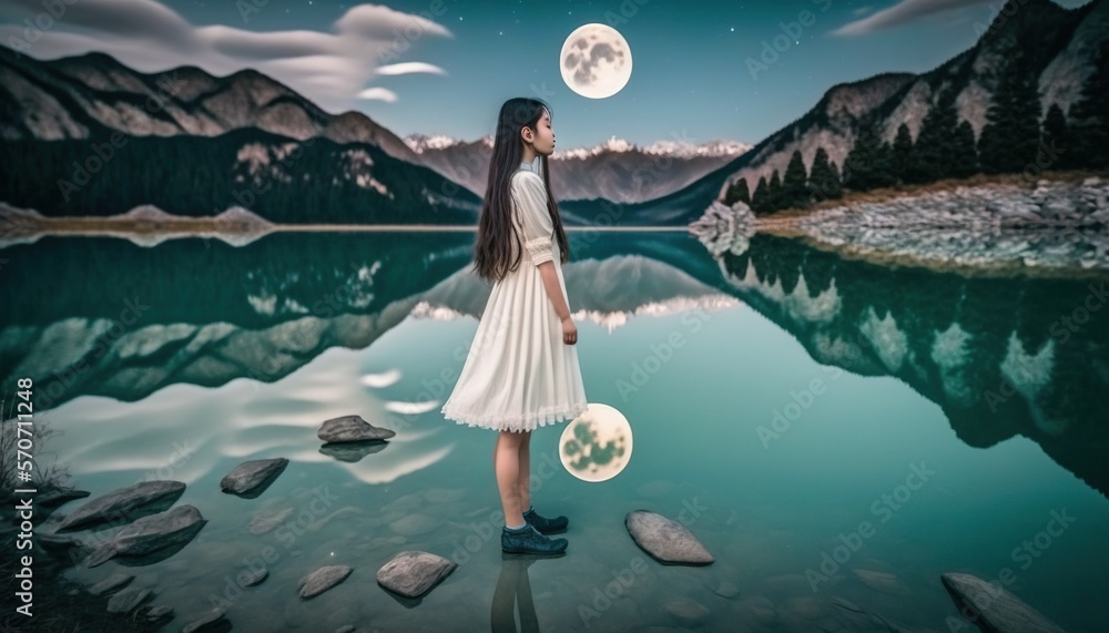  a woman in a white dress standing on rocks near a body of water with a full moon in the sky above h