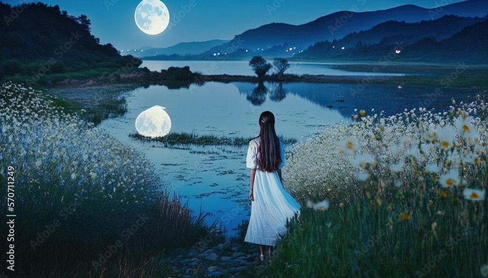  a woman in a white dress standing in front of a lake at night with the moon in the sky above her an