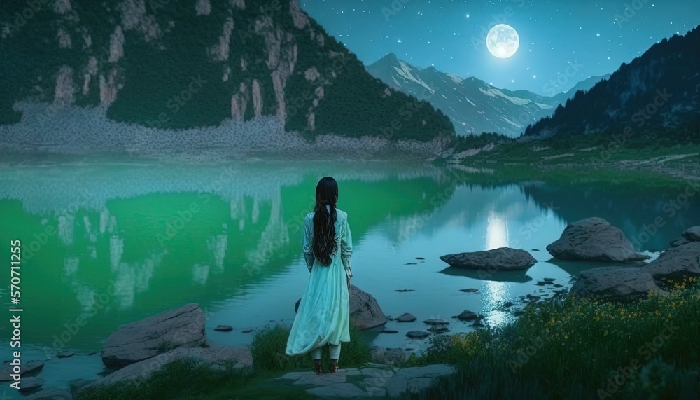  a woman standing on a rocky shore looking at a mountain lake at night with a full moon in the sky a