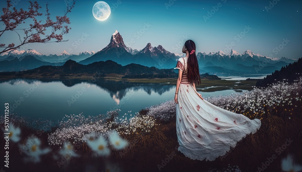  a woman in a white dress is looking at the mountains and a lake at night with a full moon in the sk