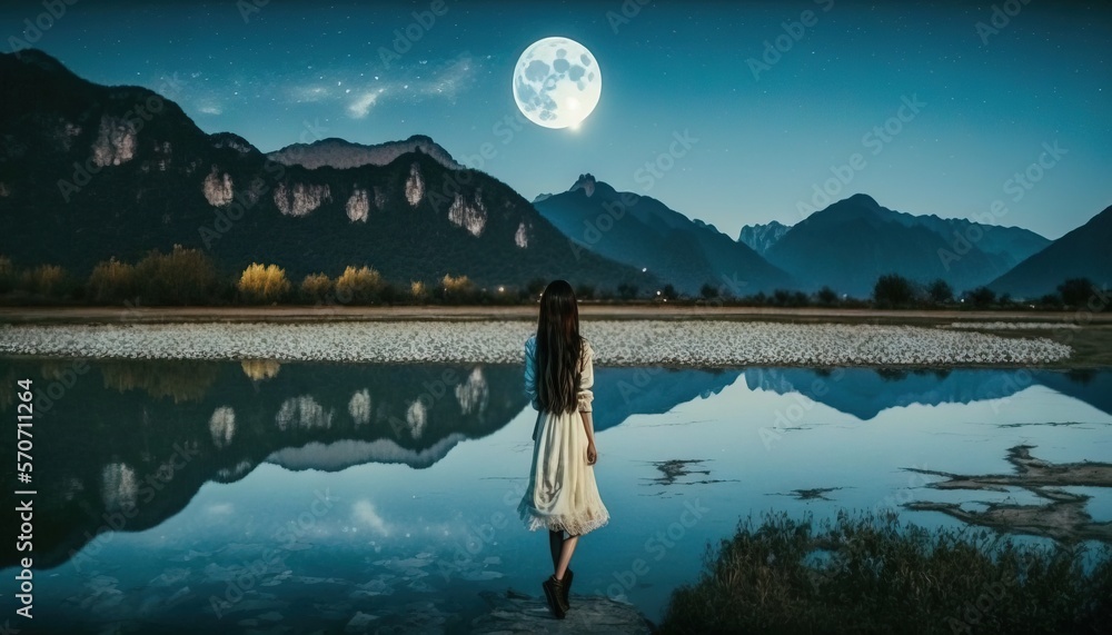  a woman standing in front of a body of water under a full moon with mountains in the background and