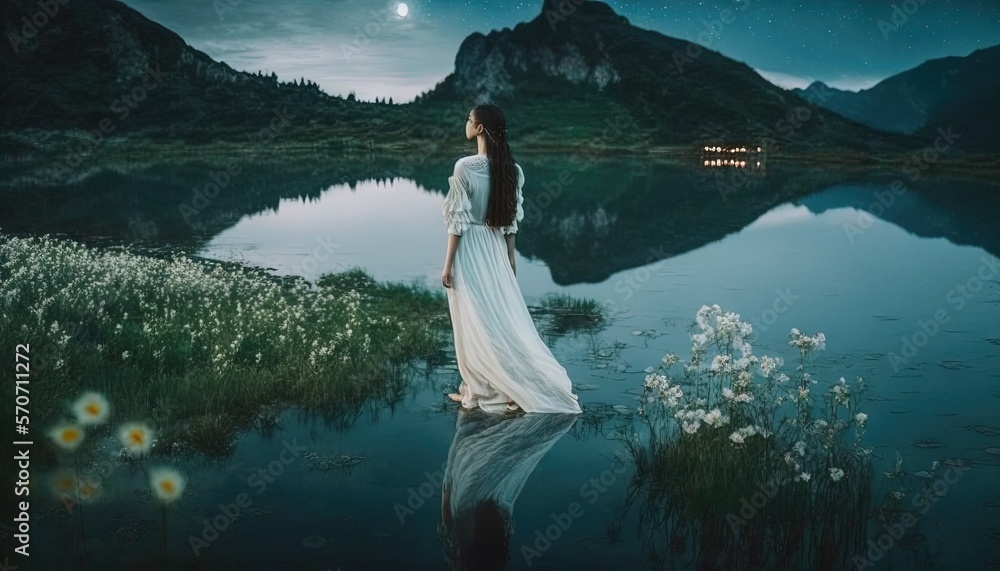  a woman in a white dress standing in front of a body of water at night with a full moon in the sky 