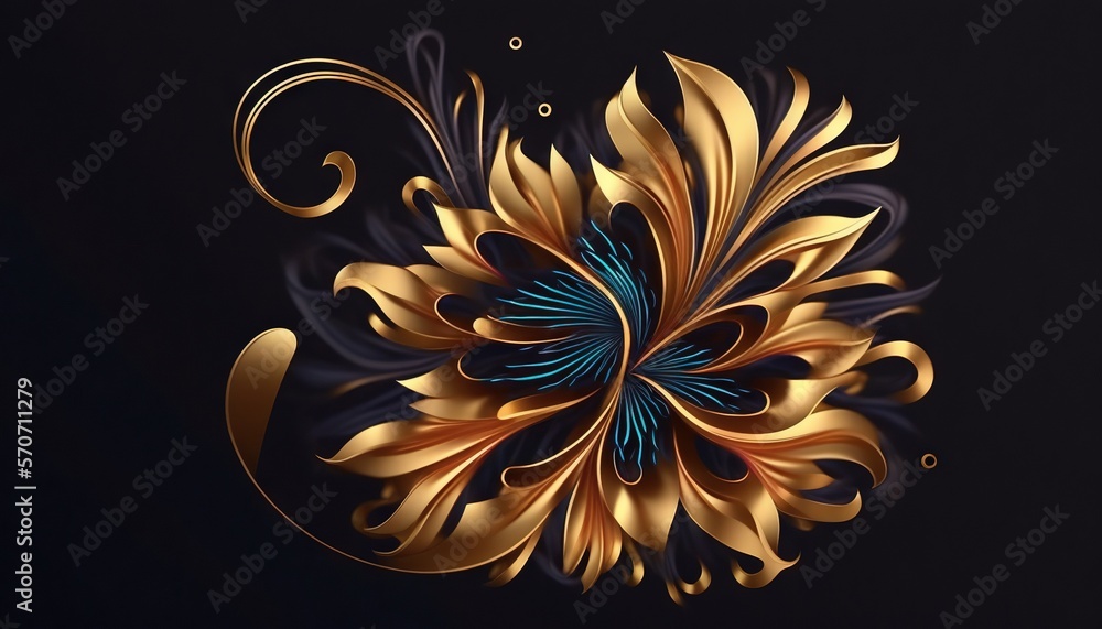  a gold and blue flower with swirls on a black background with a gold spiral around the center of th