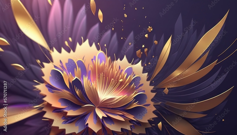  a purple and gold flower with lots of gold petals on its petals and petals on the petals are gold 