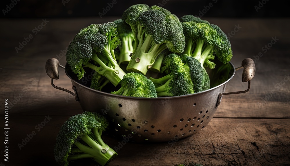  a bunch of broccoli in a colander on a wooden table with a grate on the side of the bowl and a bunc