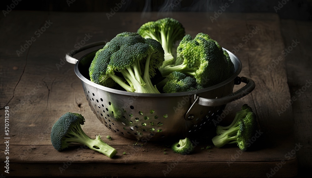  a colander filled with broccoli on top of a wooden cutting board with steam coming out of the top o