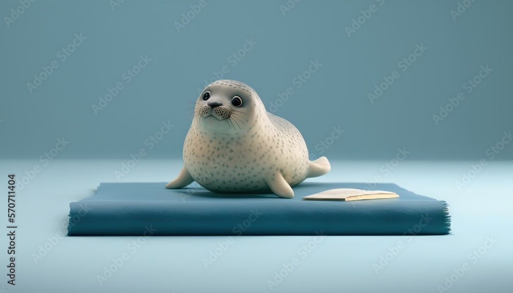  a small seal sitting on top of a blue mat on a blue surface with a book in its paws and a blue bac