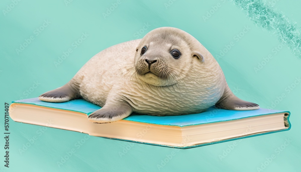  a seal sitting on top of a book on a blue background with a wave coming in from the bottom of the b