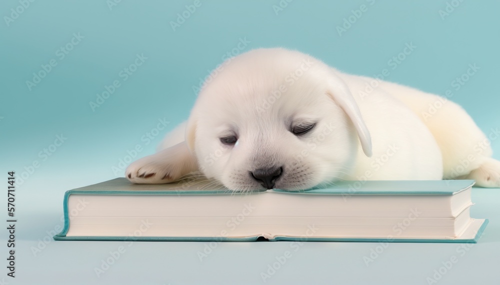  a white puppy laying on top of a book with its eyes closed and head resting on a book on a blue bac