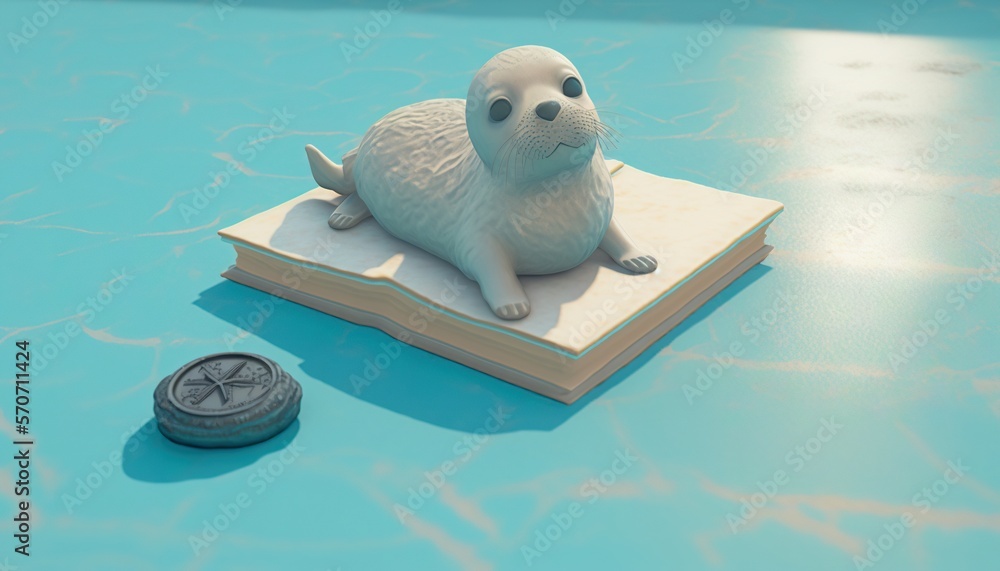  a small white seal sitting on top of a book next to a coin on a blue tablecloth covered table top w