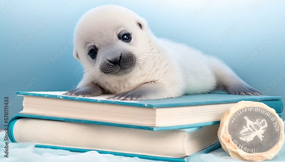  a baby seal laying on top of a book next to a seal on top of a pile of books with a seal on top of 