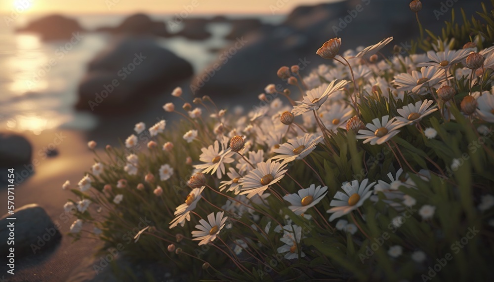  a bunch of flowers that are by the water and rocks in the background with the sun in the sky behind