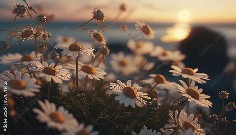  a bunch of daisies in front of a body of water with a person in the background in the background is