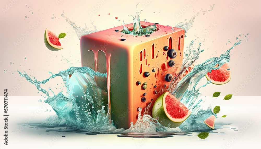  a watermelon juice carton with a splash of water on top of it and a slice of watermelon on the side