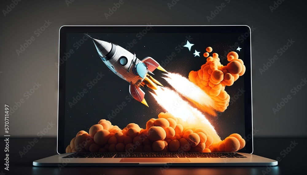  a laptop computer with a rocket ship coming out of its screen and a bunch of bubbles coming out of