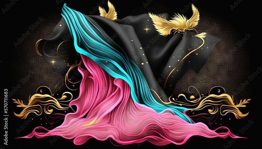  a black and pink dress with gold wings and a black hat with a pink and blue dress with a gold bird 