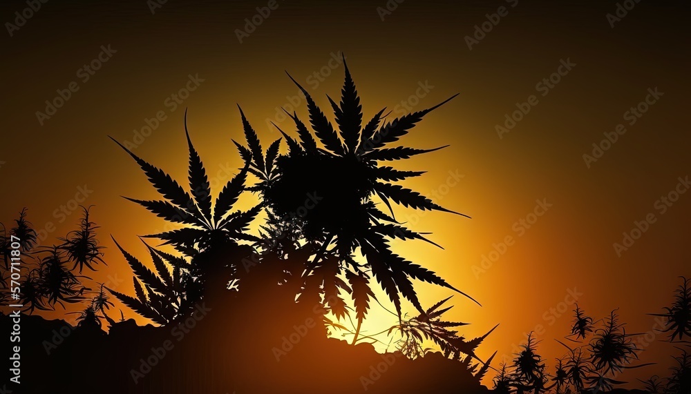  the sun is setting behind a silhouette of a tree with leaves in the foreground, and a silhouette of