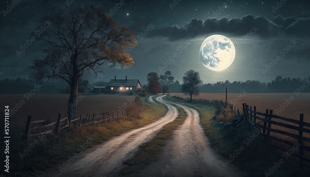  a painting of a country road at night with a full moon in the sky and a house on the other side of 