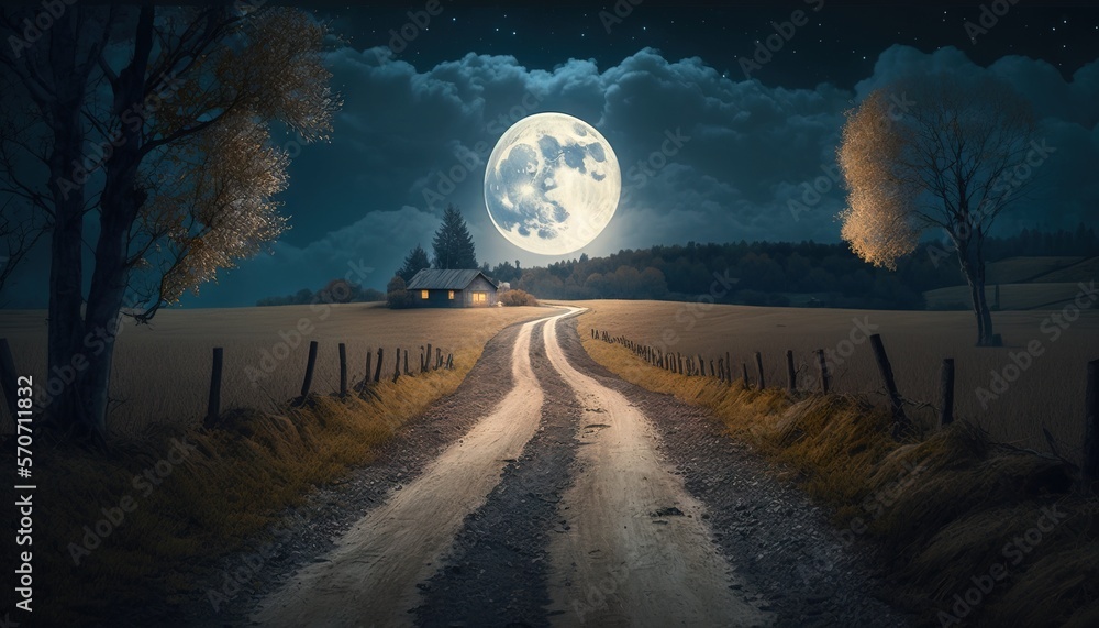  a painting of a country road with a full moon in the sky and a barn in the distance with trees on e