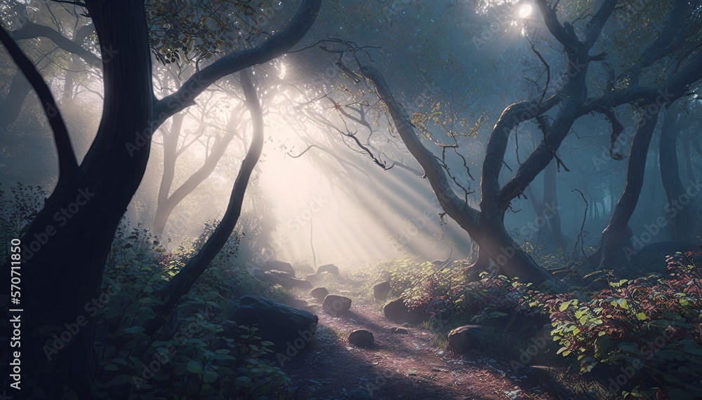  a path through a forest with sunbeams shining through the trees and rocks on the ground and in the 