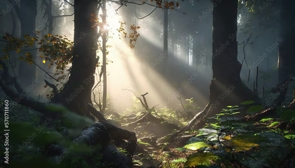  a sunbeam shines through the trees in a forest filled with ferns and ferns on a foggy day in the wo