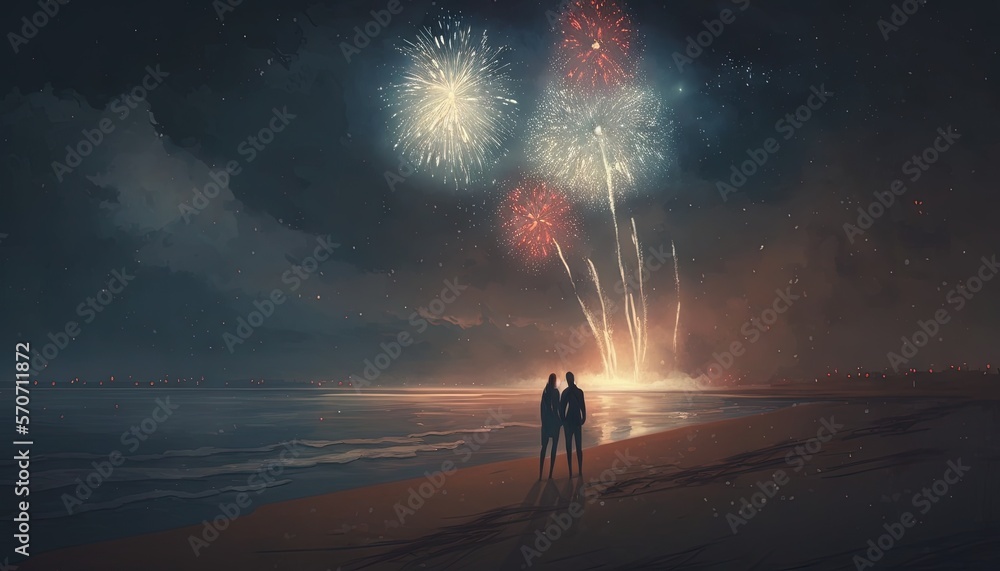  two people standing on a beach watching fireworks go off in the sky above the ocean at night time w