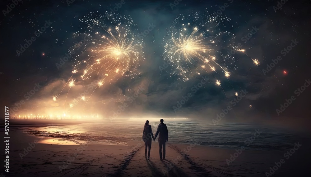  two people are standing on a beach watching fireworks go off in the sky above the water and a beach