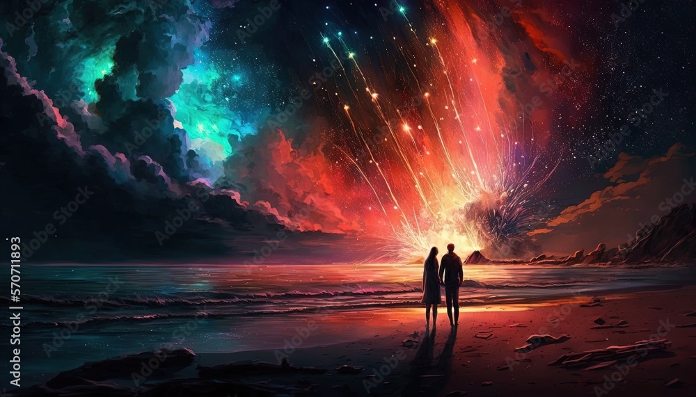  two people standing on a beach looking at a colorful sky with stars and a shooting star in the sky 