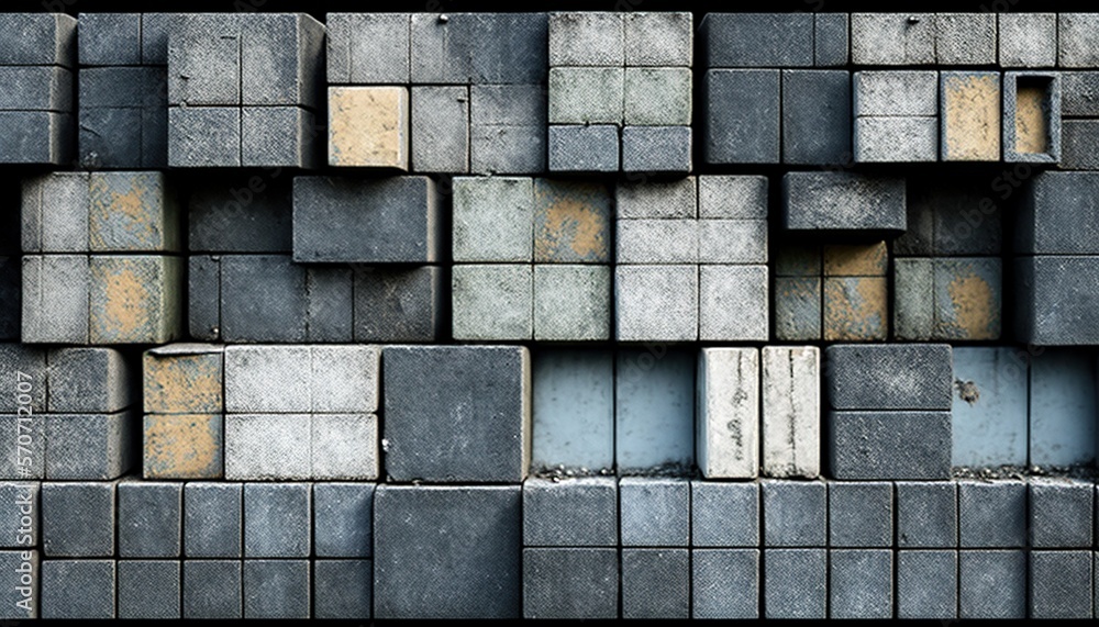  a bunch of cubes that are stacked together in a wall of concrete blocks with rust on the sides of t