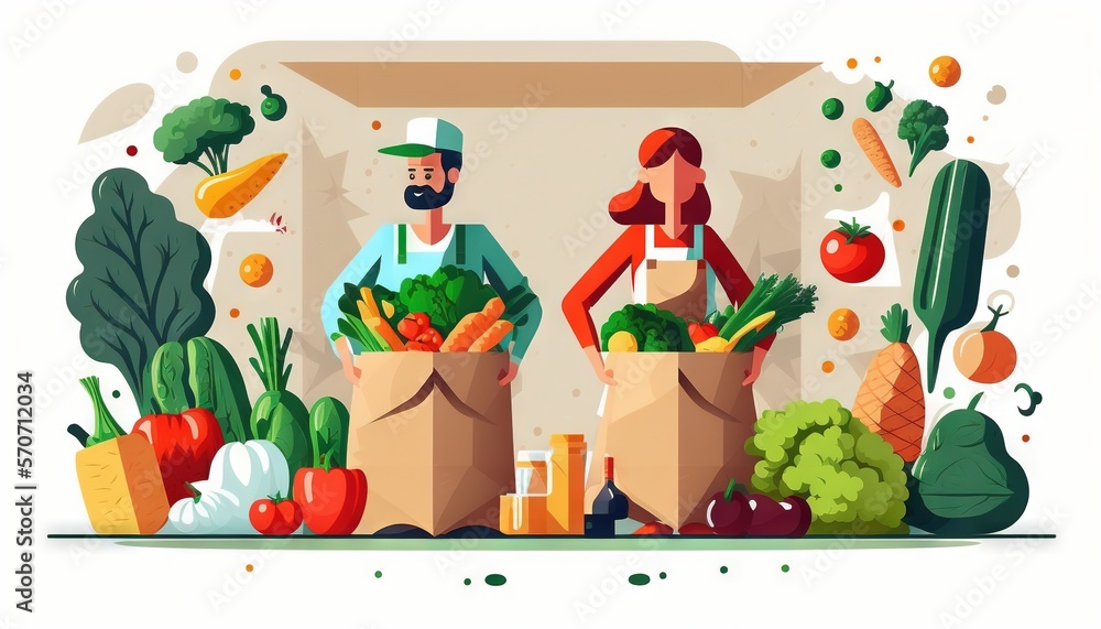  a man and a woman are standing in front of a grocery bag filled with vegetables and fruits and vegg