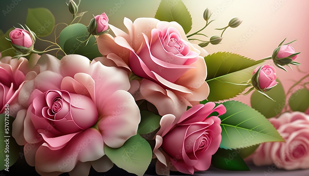  a bouquet of pink roses with green leaves on a pink background with a pink and green background wit