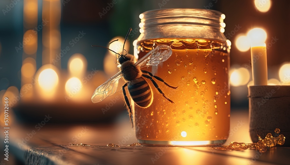  a honey jar with a bee inside of it next to a candle and a cup of tea on a table with candles in th