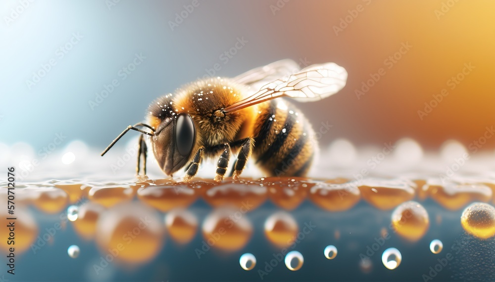  a bee is sitting on a surface with bubbles of water around it and a blurry background is shown in t