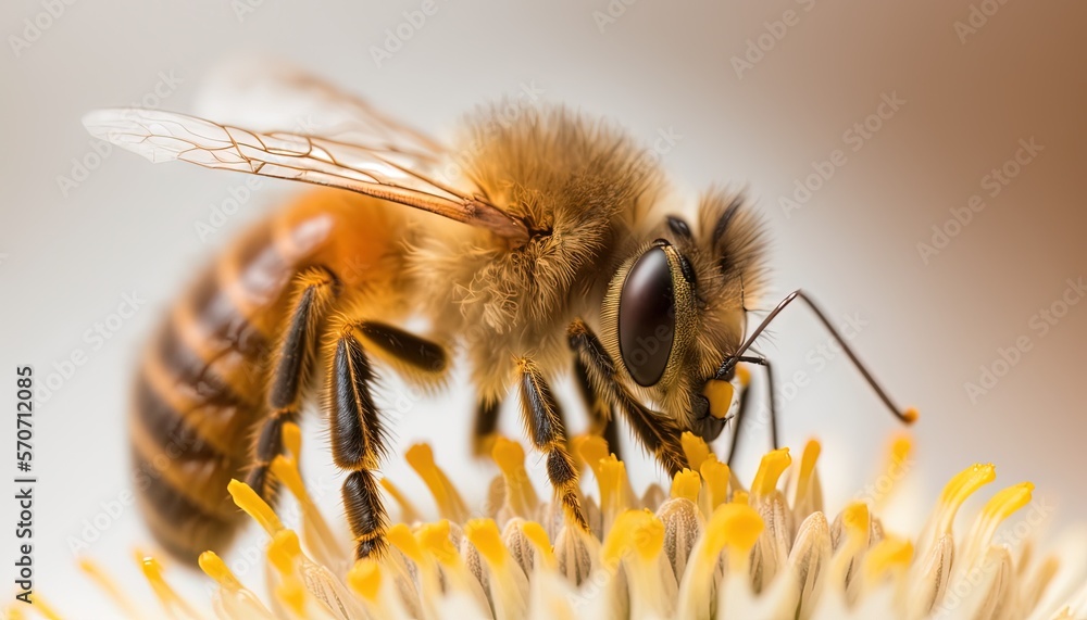  a close up of a bee on a flower with pollen on its back legs and head, with a white background, wi