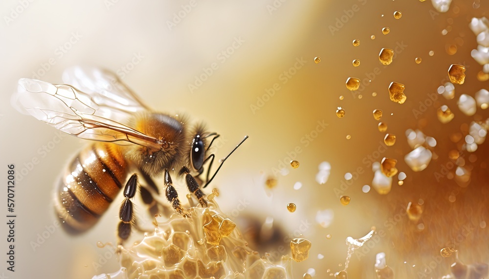  a bee is flying over a honeycomb with water droplets on its wings and back end of its body is show