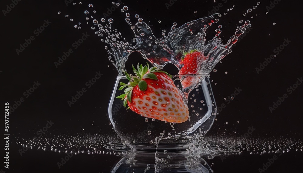  a strawberry splashing into a glass filled with water on a black background with a splash of water 