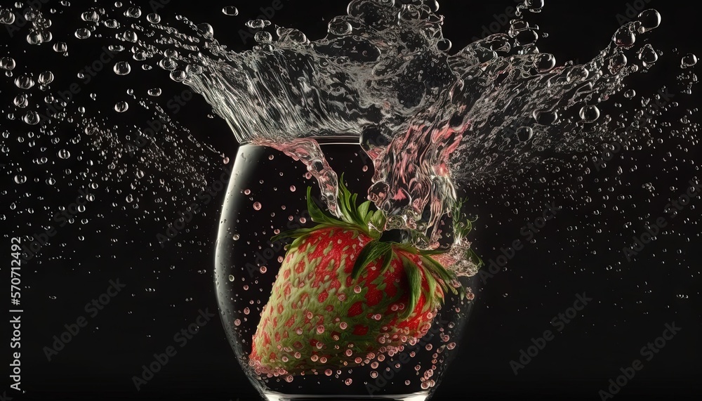  a strawberry splashing into a glass of water on a black background with a splash of water on the bo