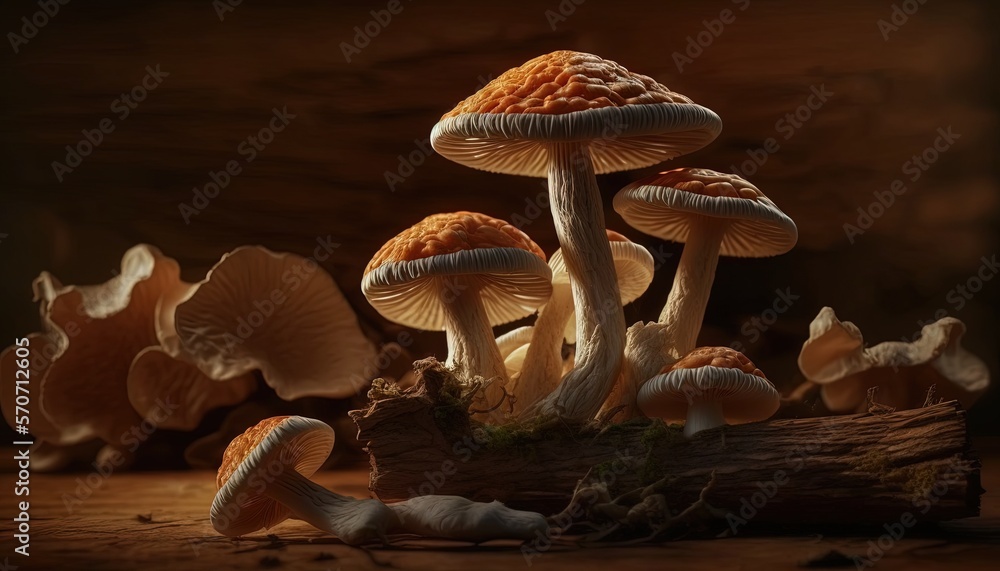  a group of mushrooms sitting on top of a wooden floor next to a pile of mushrooms on top of a woode