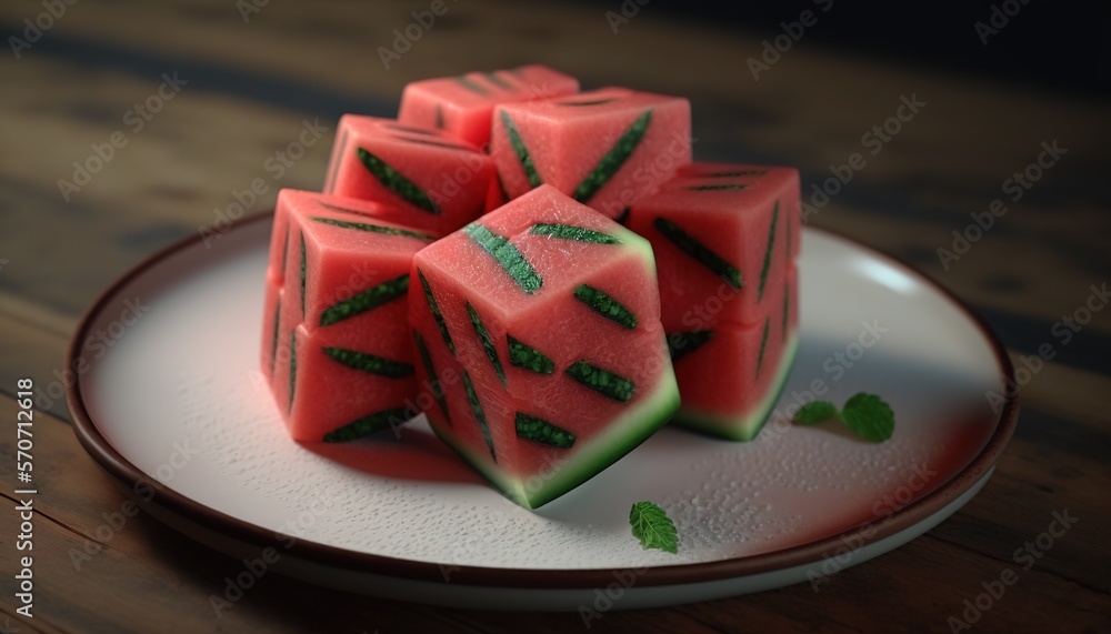  a white plate topped with watermelon cubes on top of a wooden table next to a green leafy leafy gre