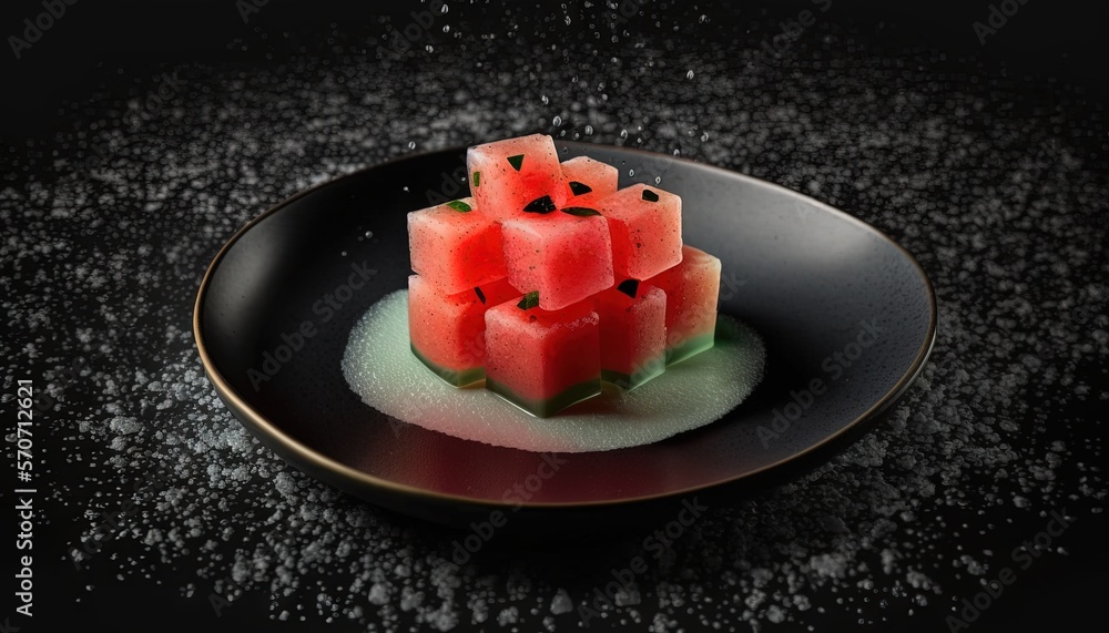  a black plate topped with slices of watermelon on top of a black tablecloth covered in powdered sug