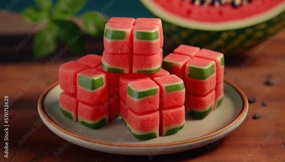  a plate of watermelon cubes on a table with a bowl of watermelon in the background and a watermelon