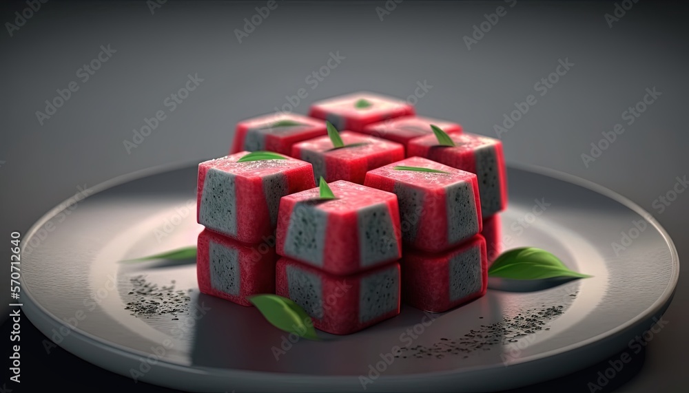  a white plate topped with red cubes and a green leaf on top of it and a gray plate with a white pla