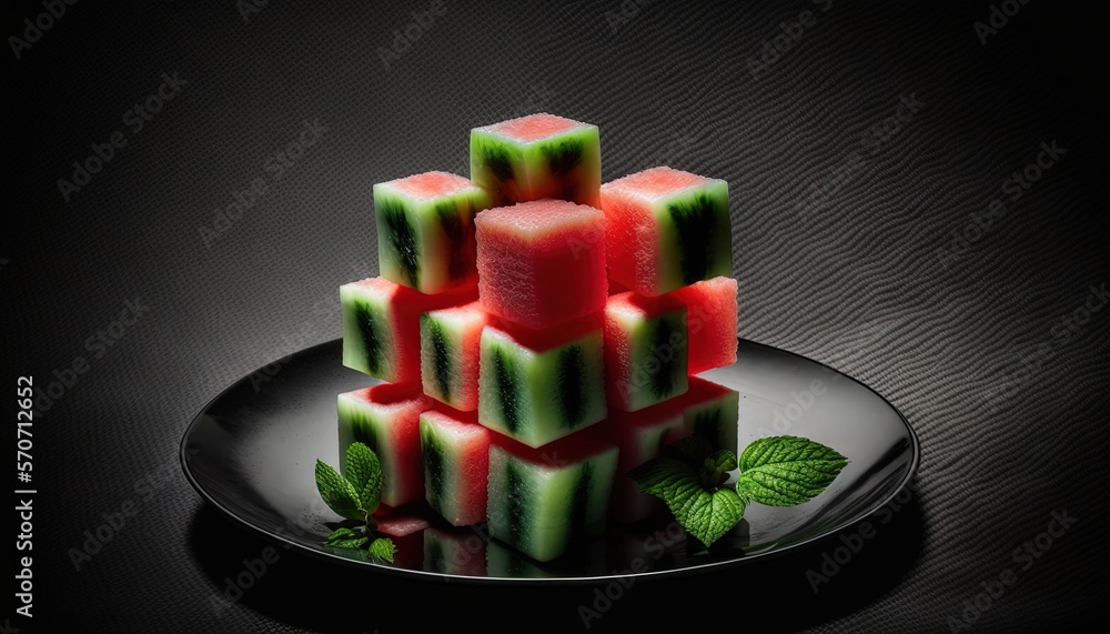  a black plate topped with slices of watermelon and mint slices on top of each other on a black surf