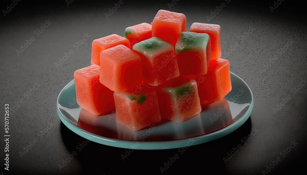  a plate of cubes of watermelon on a black table top with a black background and a black table top w