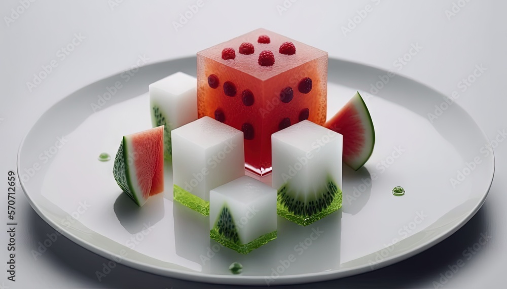  a white plate topped with slices of watermelon and a piece of kiwi on top of ice cubes on top of a 